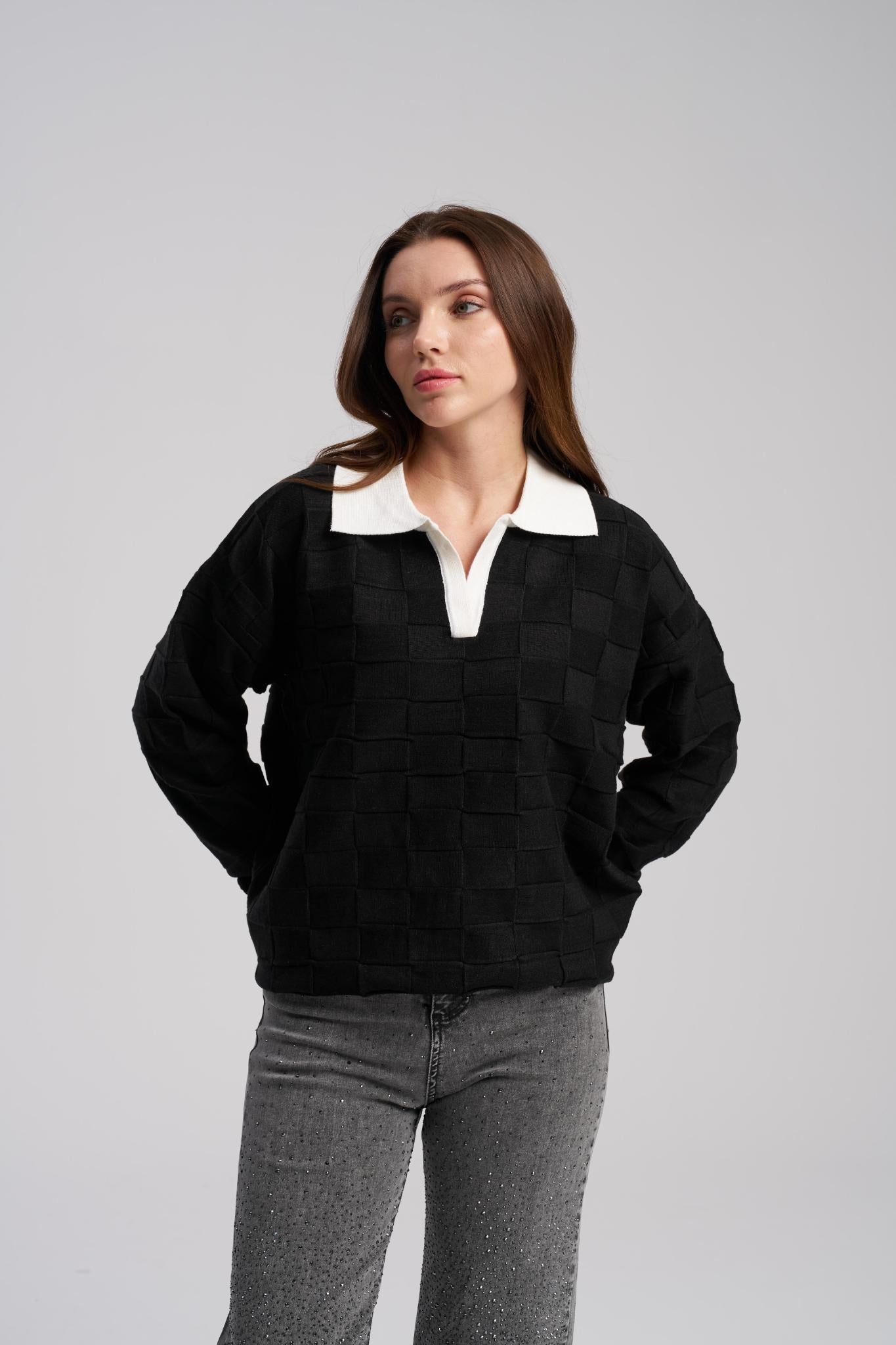 Black grid texture sweater women
