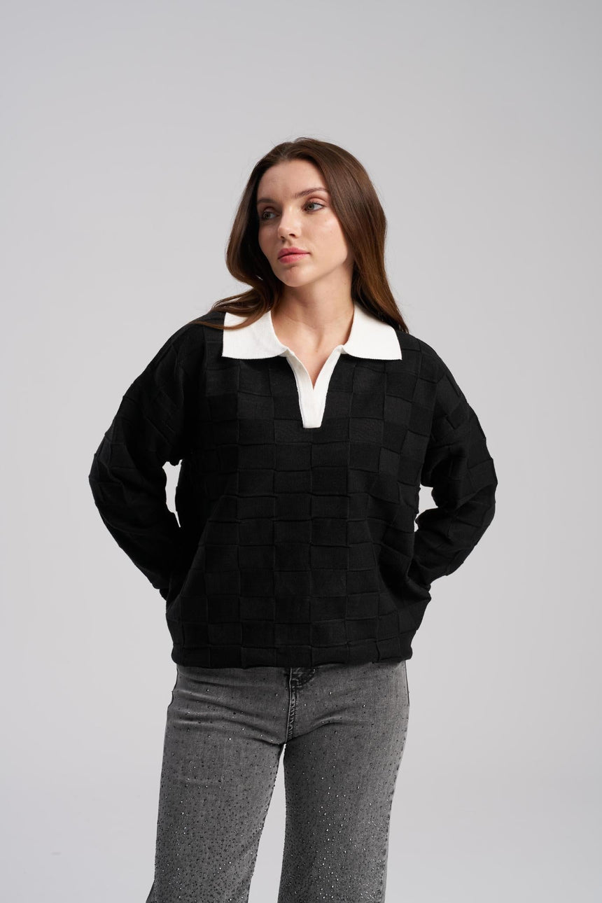 Black grid texture sweater women