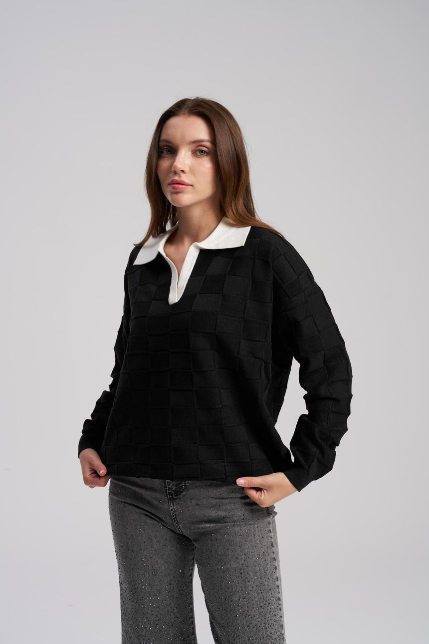 Black grid texture sweater women