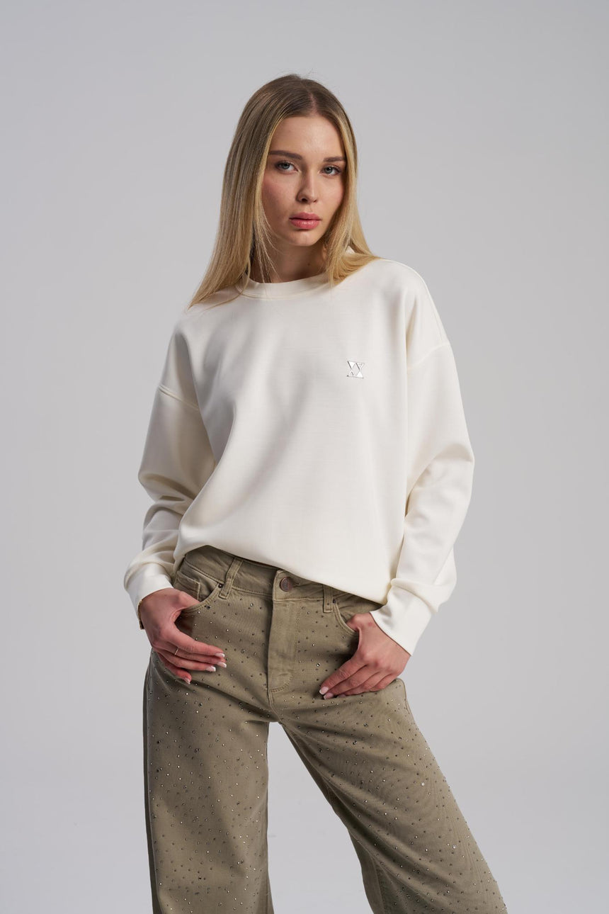 White minimal scuba fabric sweater for women
