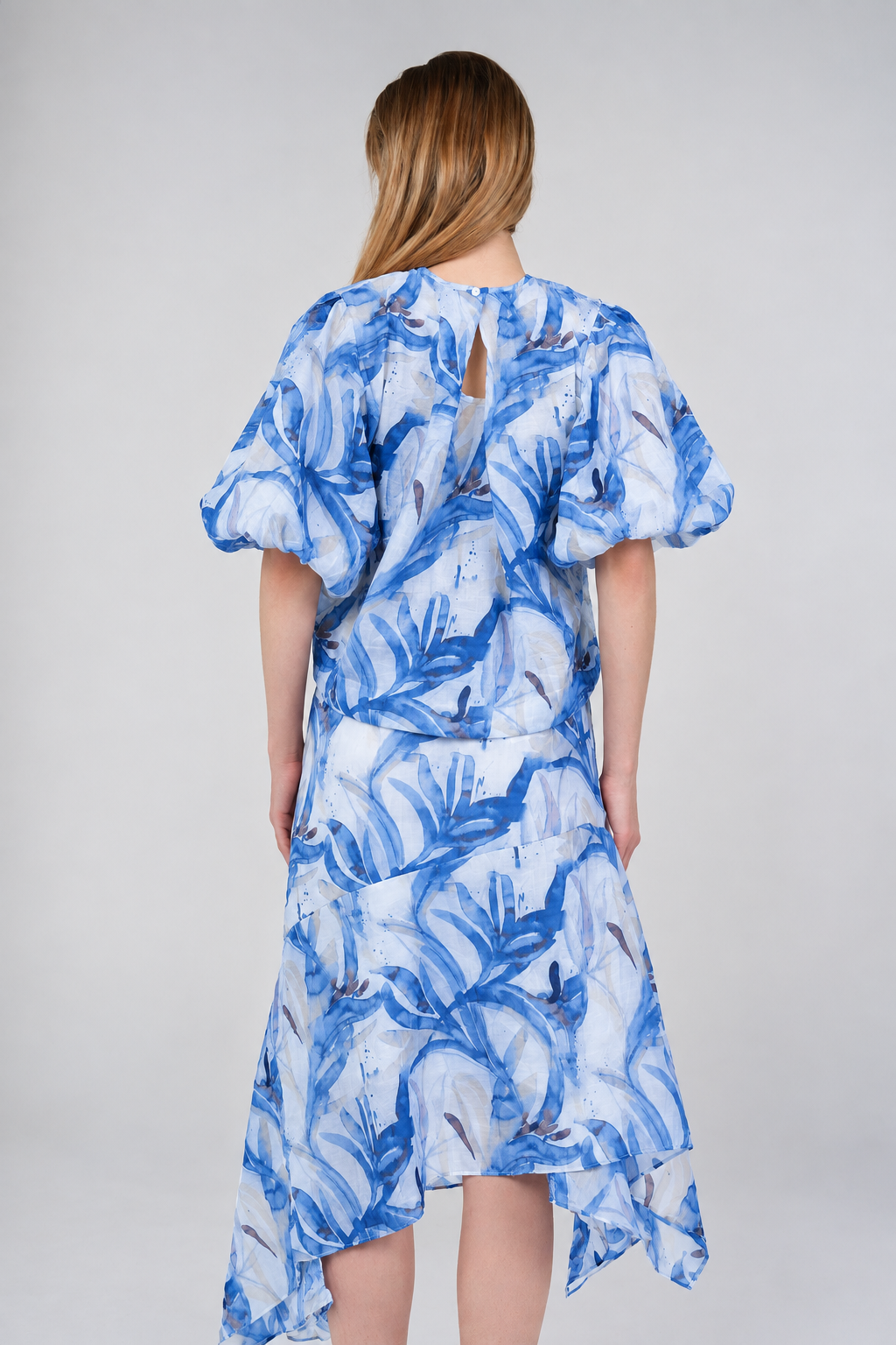 Iris Puff-Sleeve Set, Blue White, back view