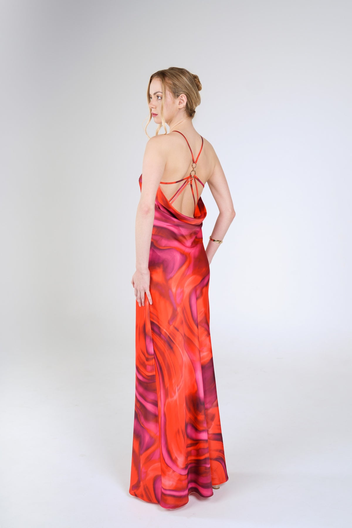 Opal Swirl Maxi Dress, Orange Pink Swirl, side back view