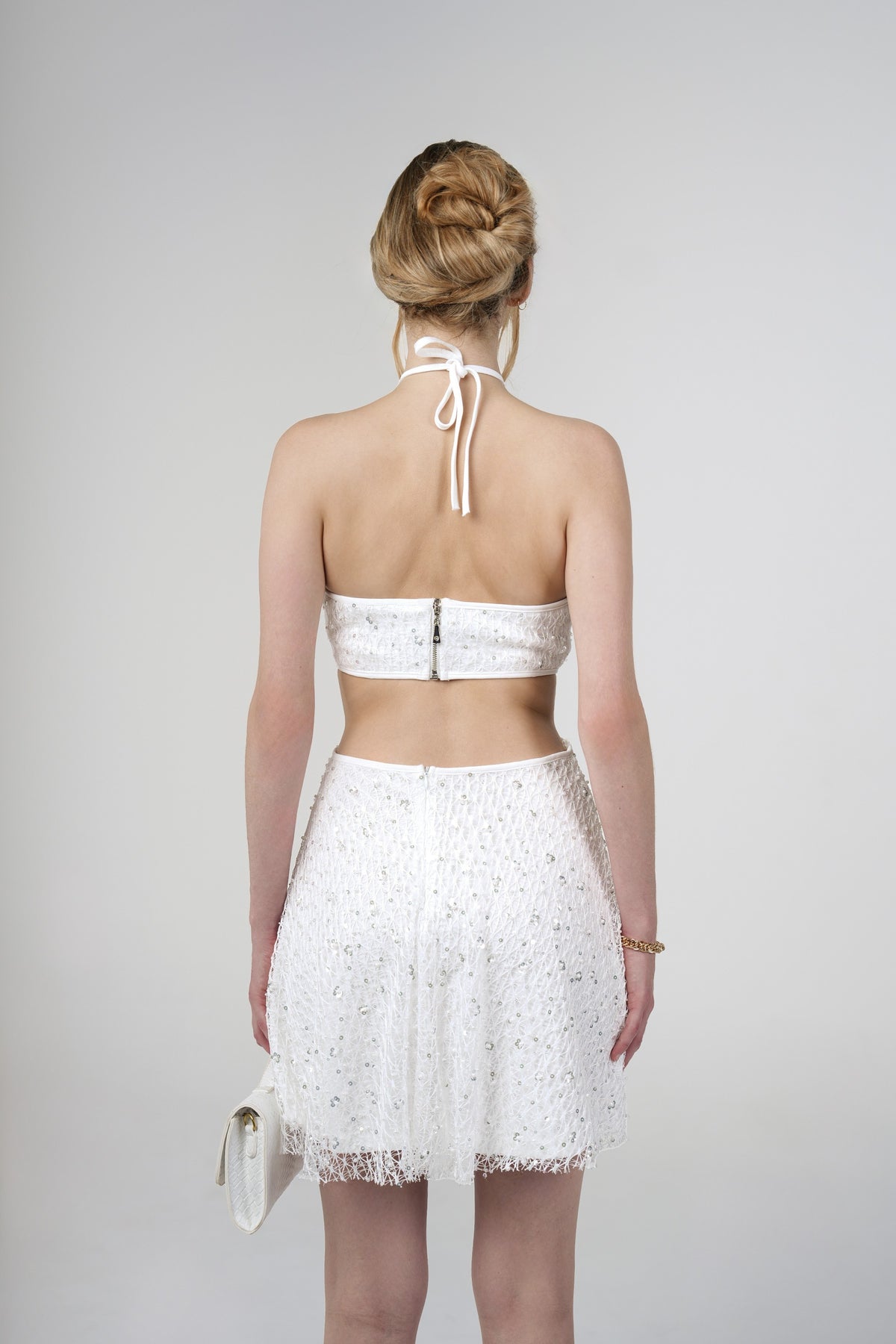 Stella Sequin Mini Dress, White, back view