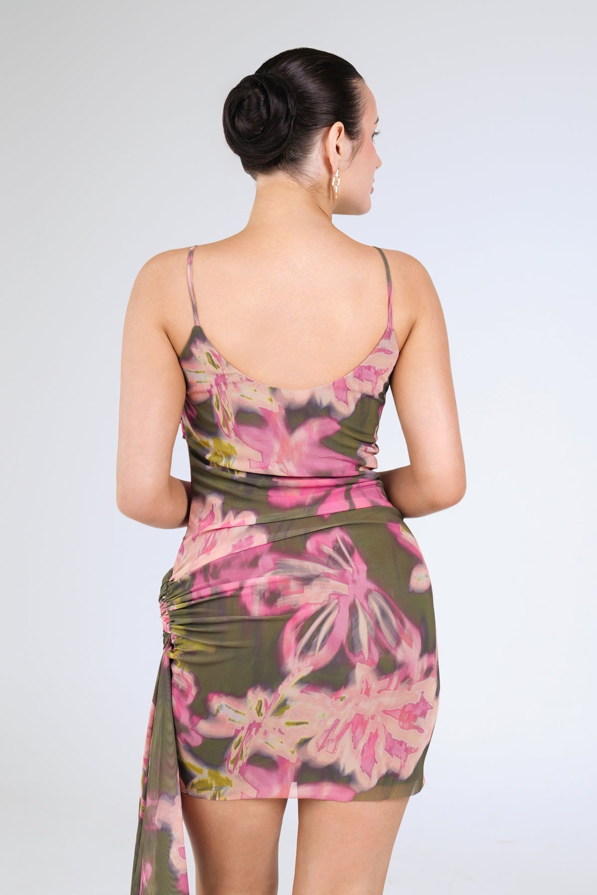 Coco Draped Mini Dress, Olive Floral, close-up back