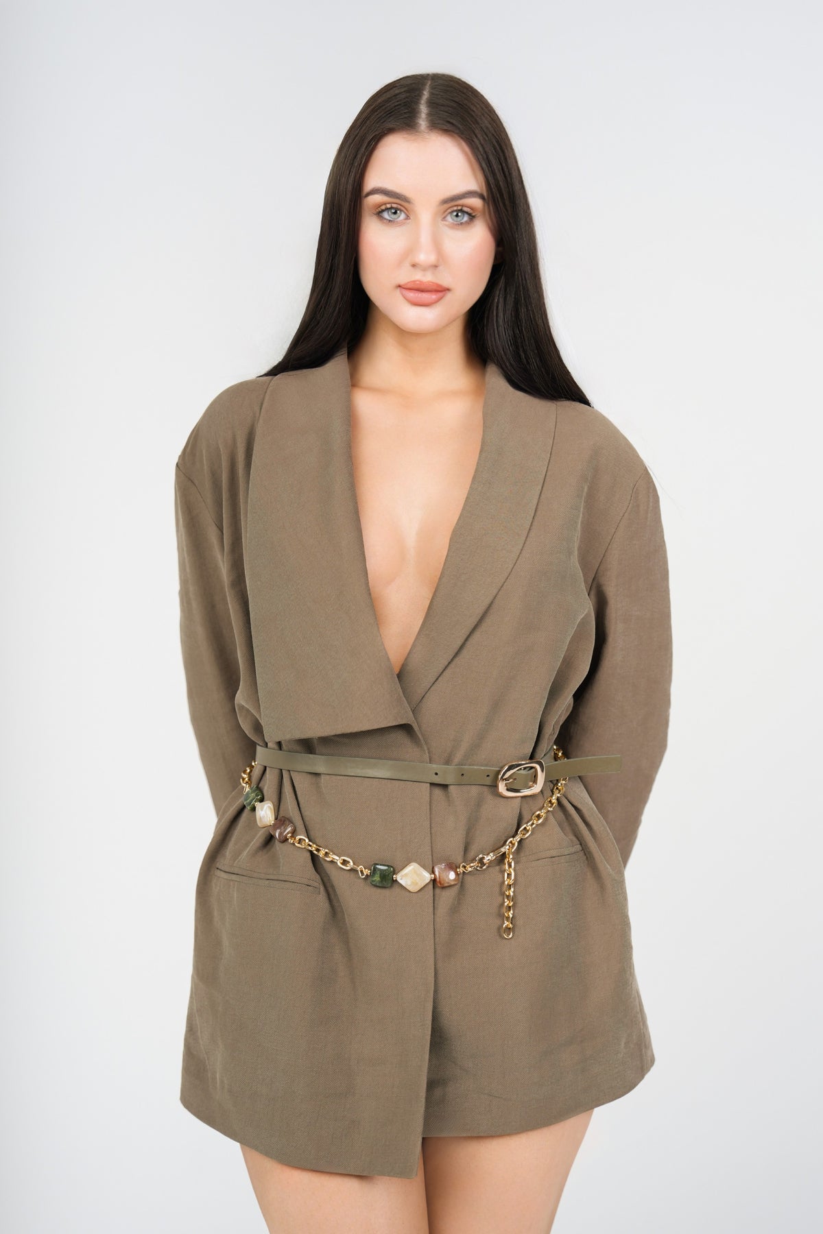 Remy Belted Blazer Dress, Olive, front view