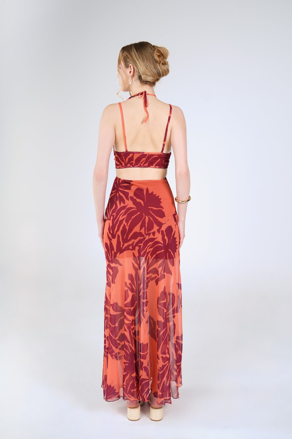 Fern Cutout Maxi Dress, Coral Burgundy, back view