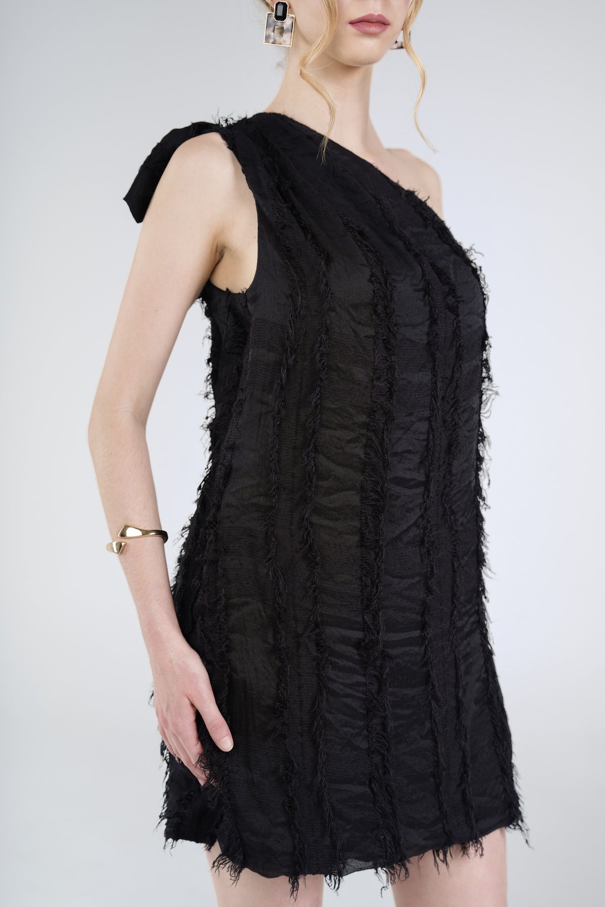 Freya Fringe Mini Dress, Black, fabric detail