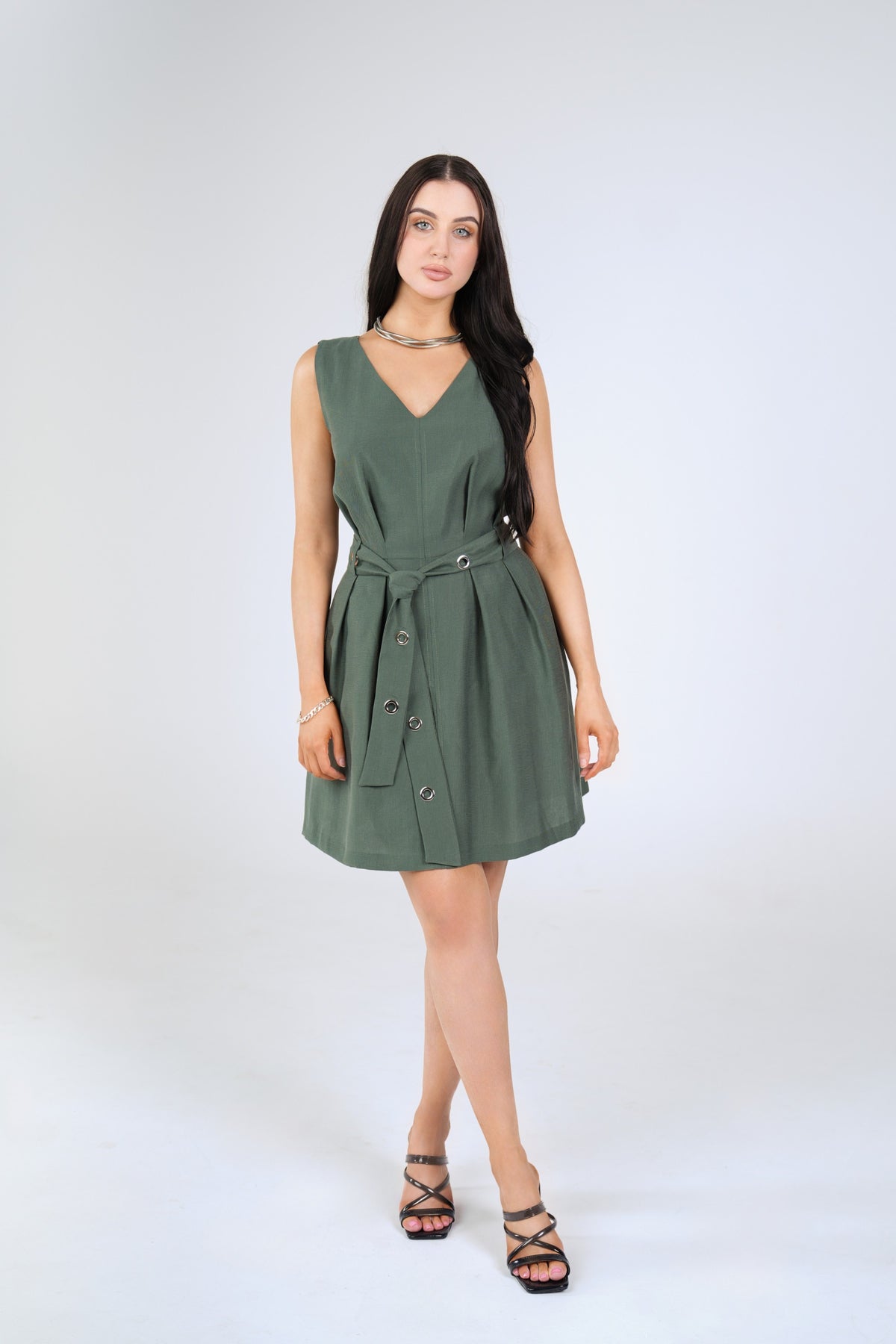 Piper Grommet Mini Dress, Sage Green, front view