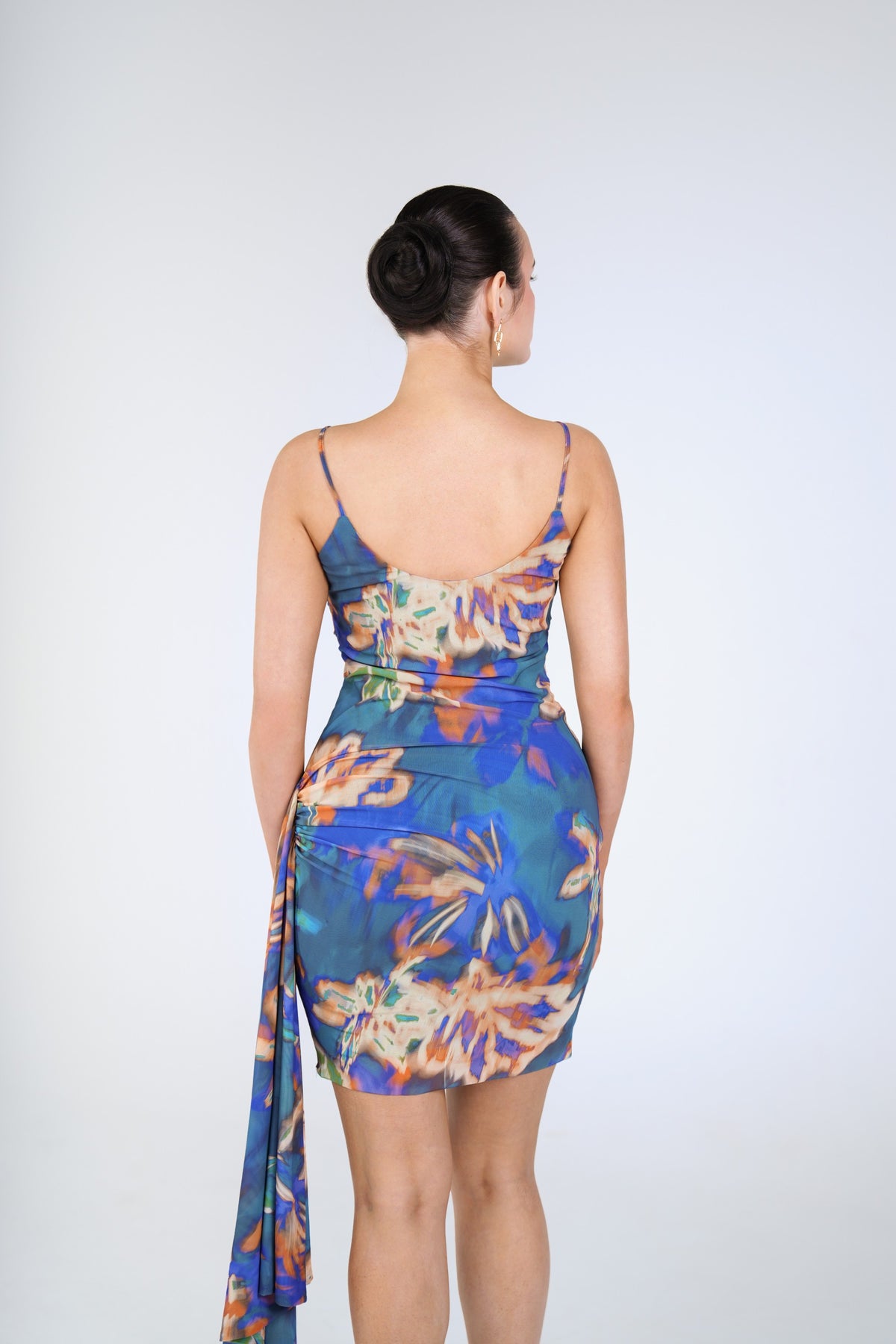 Coco Draped Mini Dress, Blue Orange Floral, back view