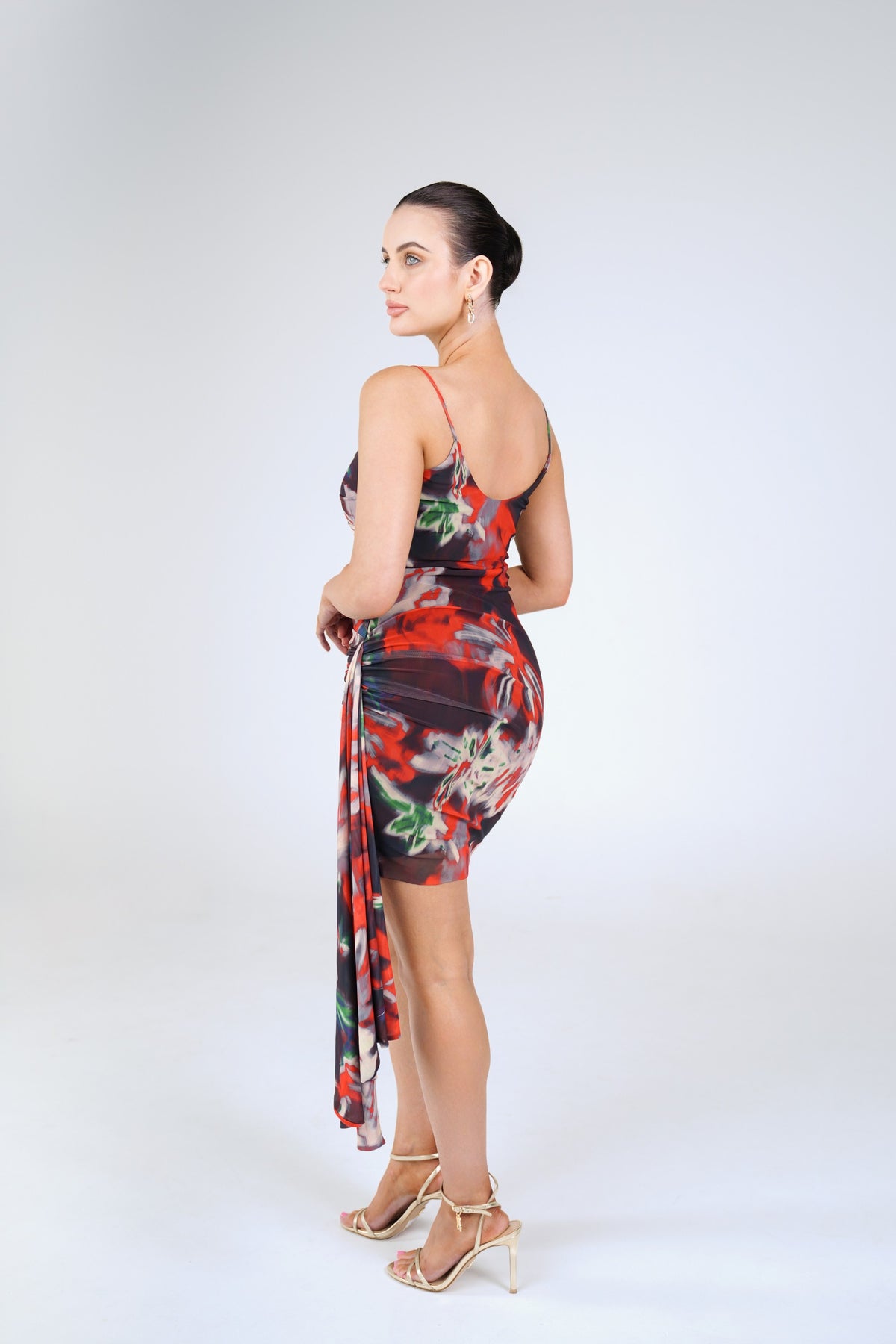 Coco Draped Mini Dress, Red Black Floral, back view