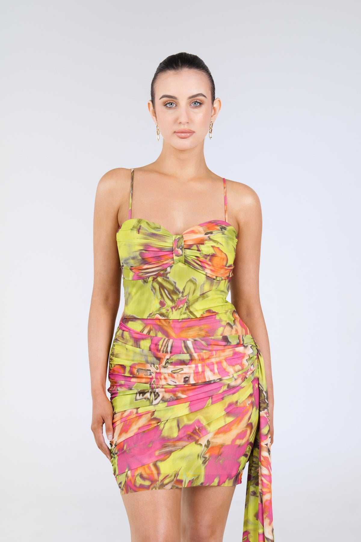 Coco Draped Mini Dress, Lime Floral, front detail