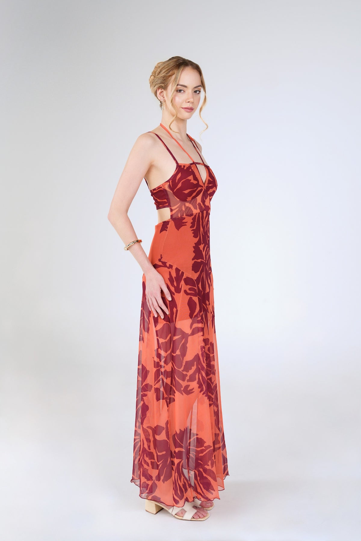Fern Cutout Maxi Dress, Coral Burgundy, side view