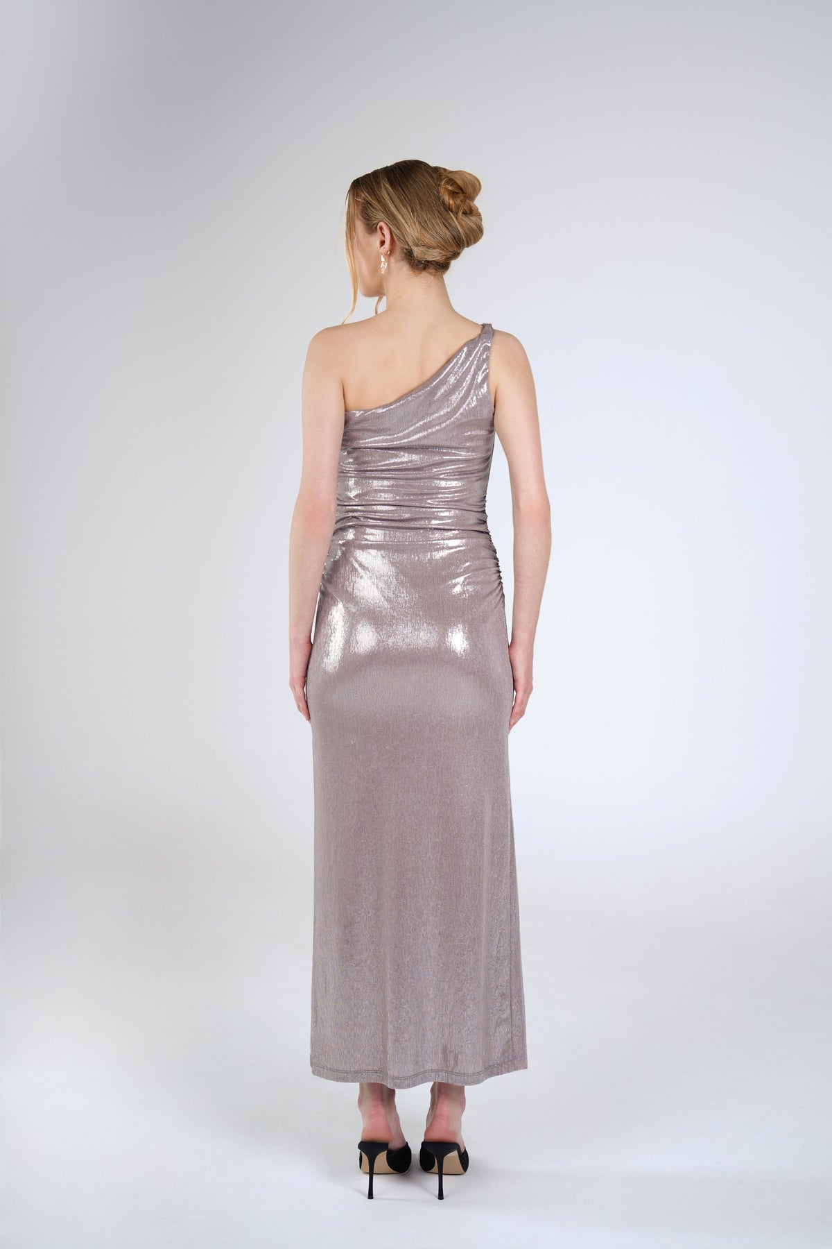 Nadia Metallic Maxi Dress, Silver Champagne, back view