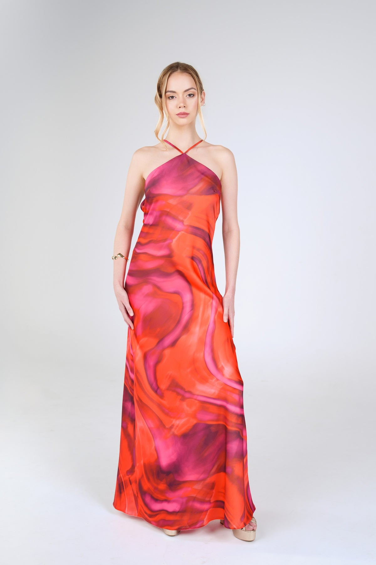 Opal Swirl Maxi Dress, Orange Pink Swirl, front view