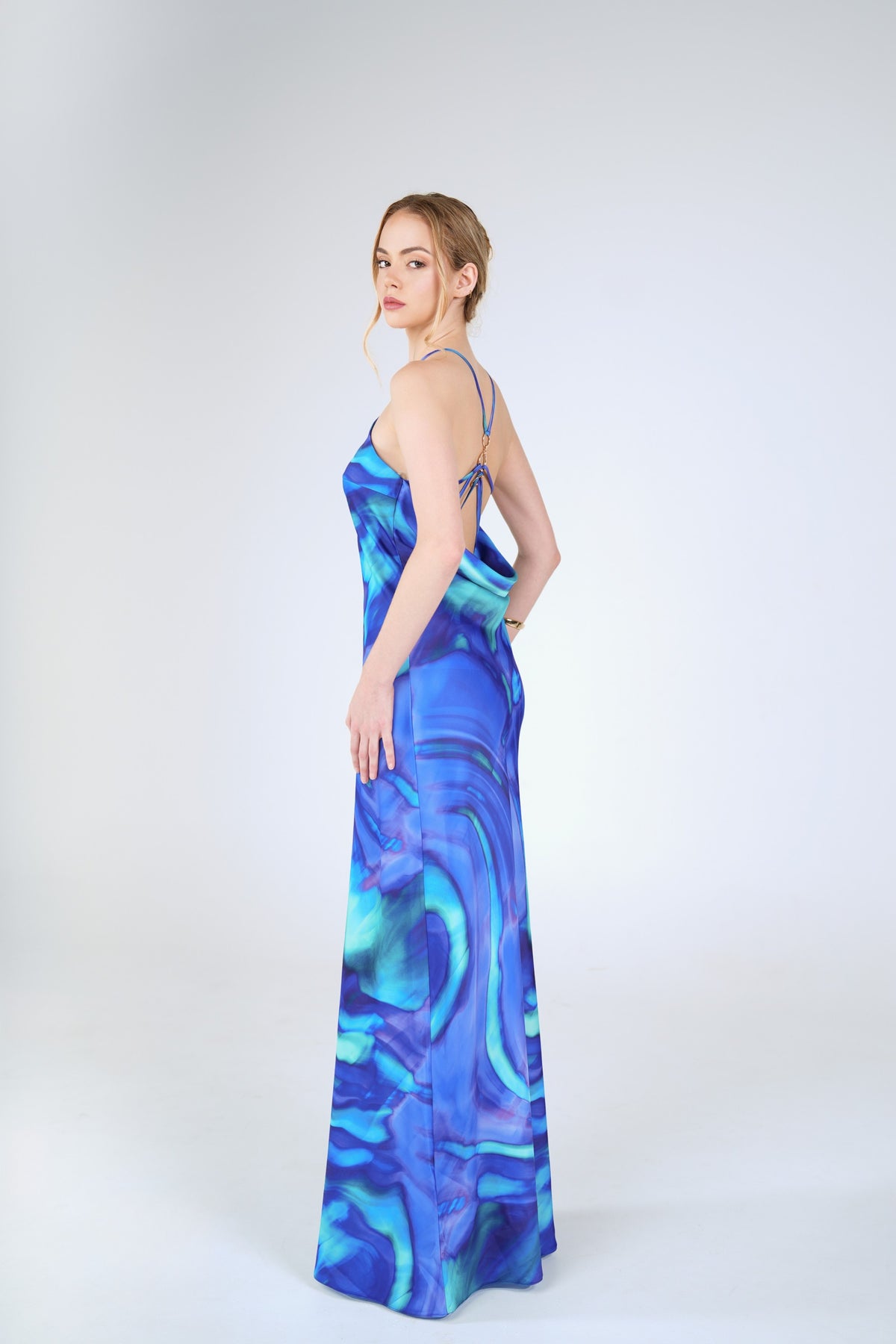Opal Swirl Maxi Dress, Blue Teal Swirl, side back view