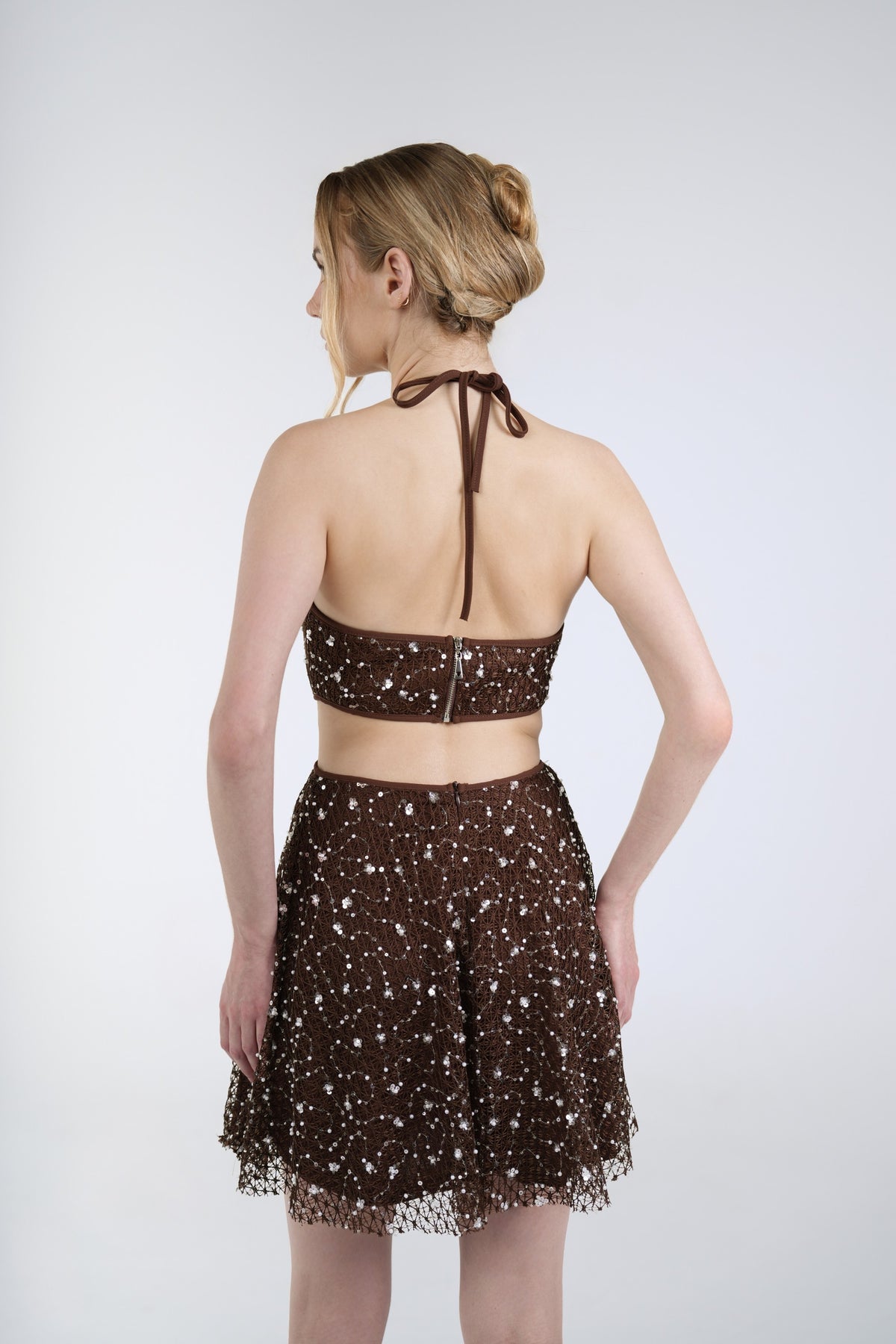 Stella Sequin Mini Dress, Brown, back view