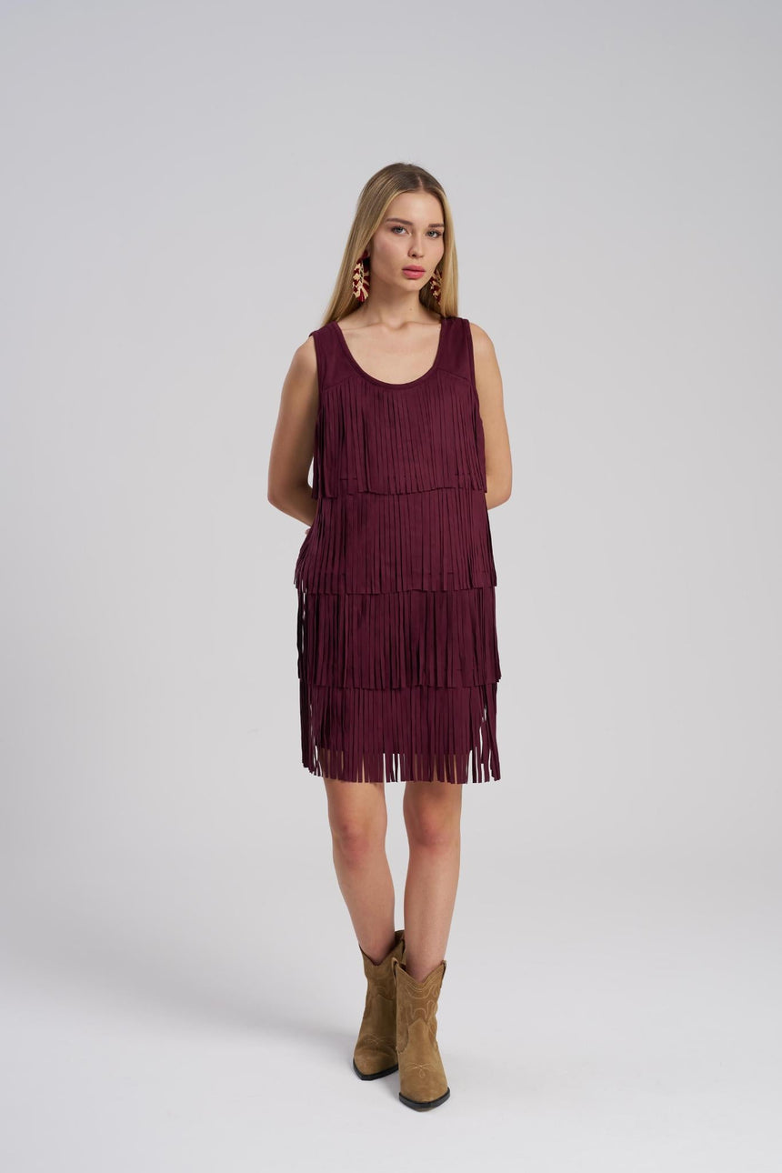 Layered fringe suede dress boho look