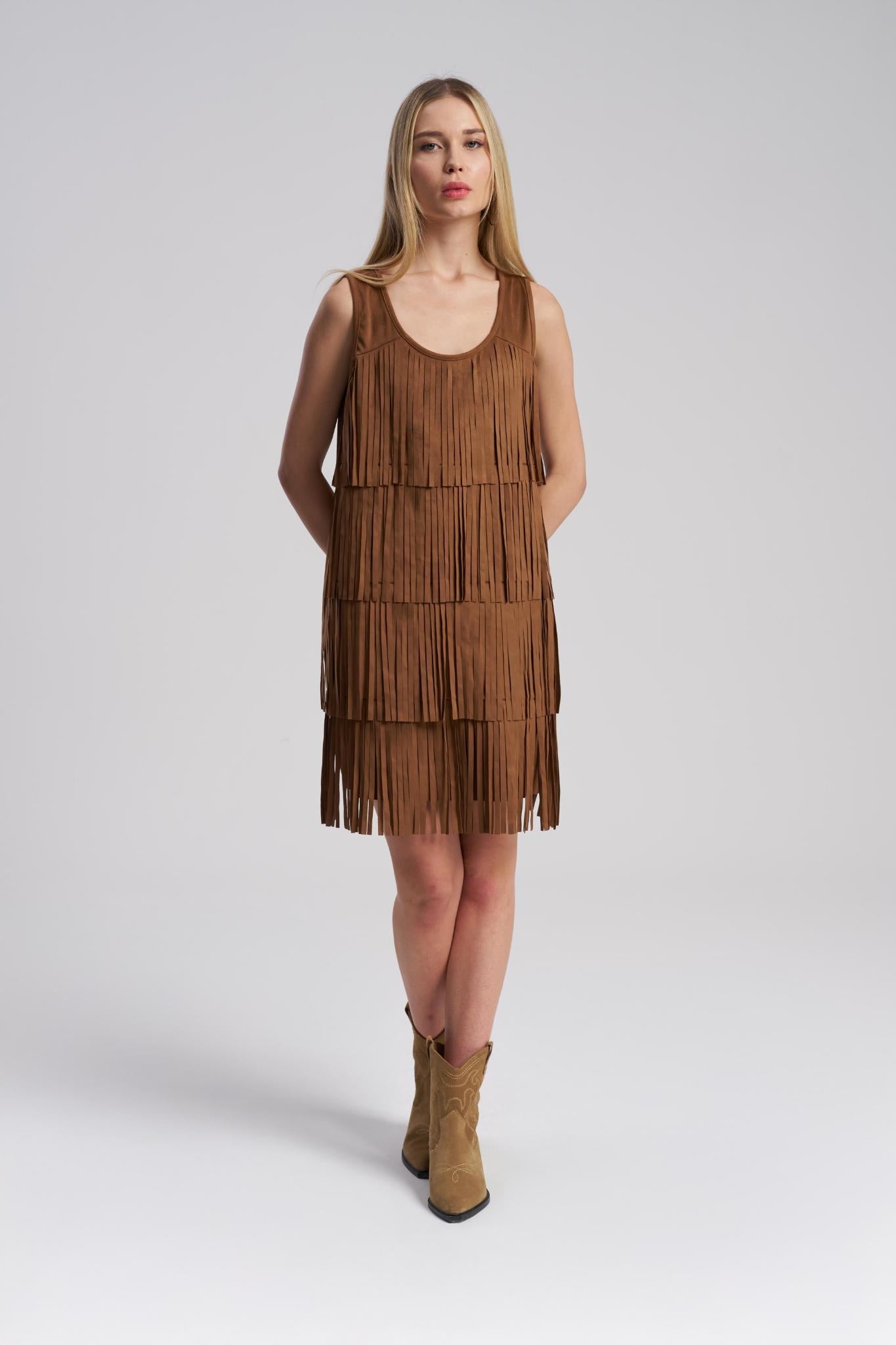 Brown suede fringe mini dress western style – MTStyle