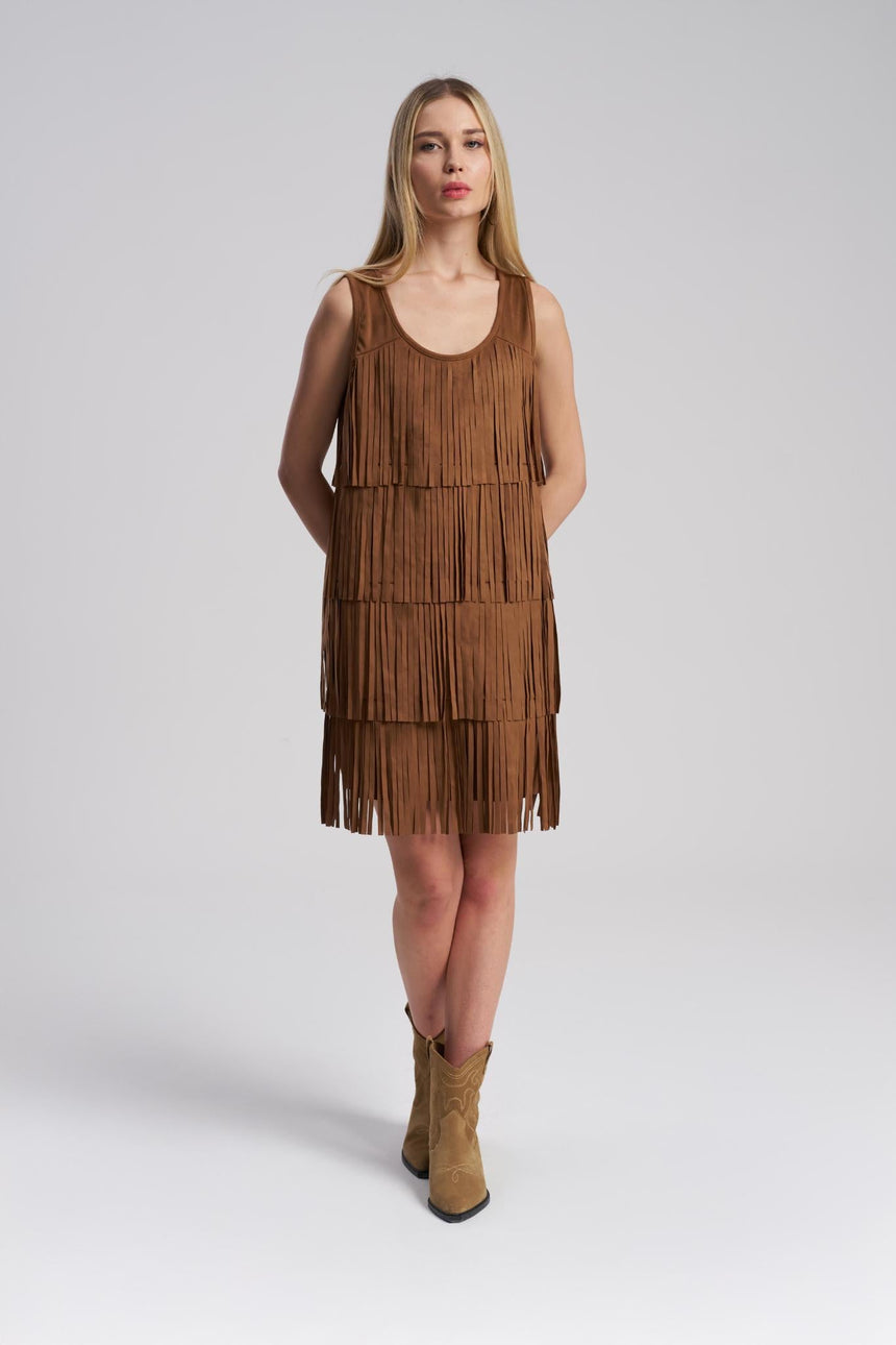 Brown suede fringe mini dress western style – MTStyle