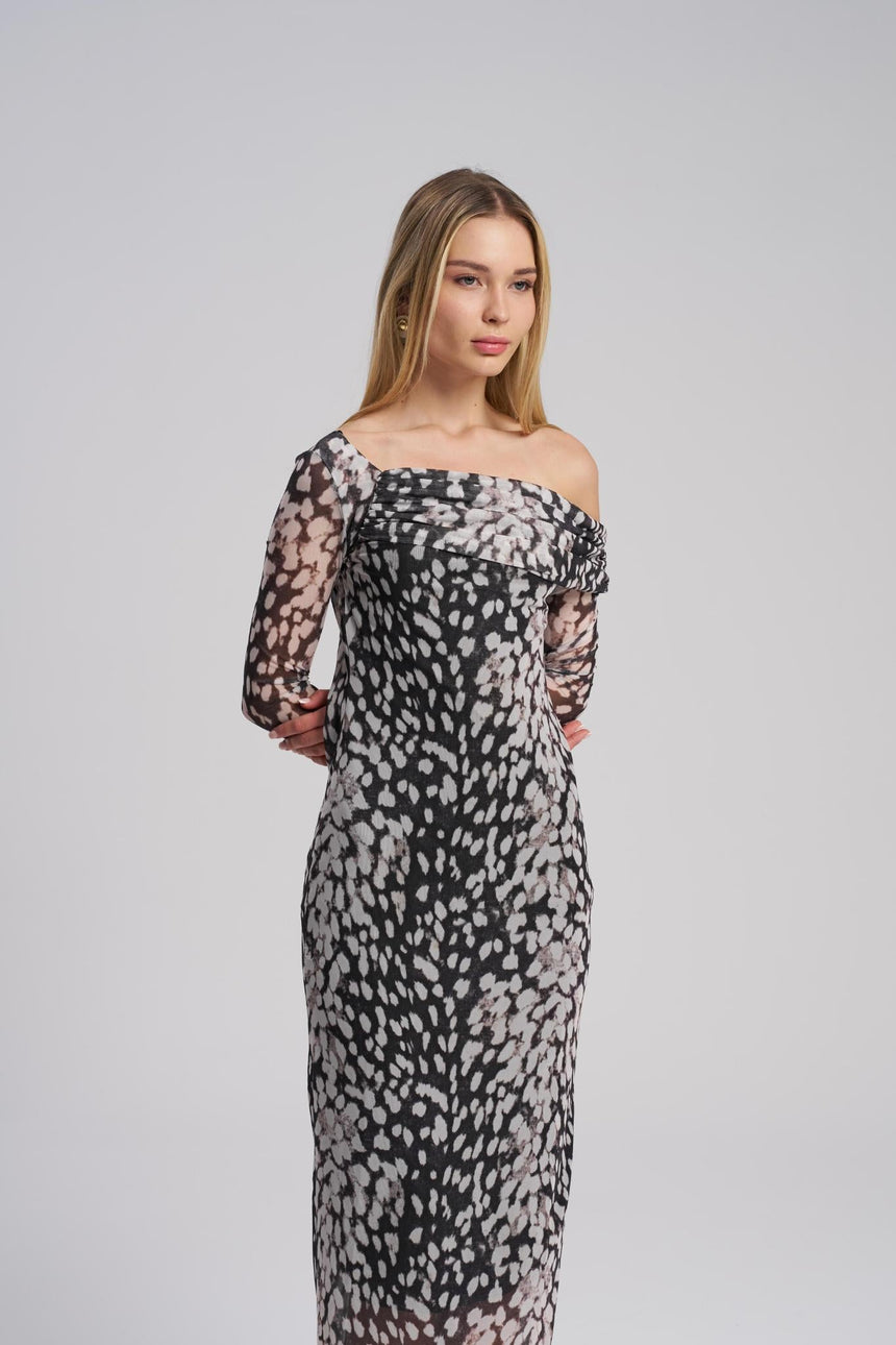 Black and white long sleeve asymmetric chiffon dress