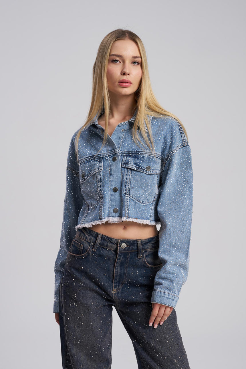 Cropped denim jacket with rhinestone detailing – front view