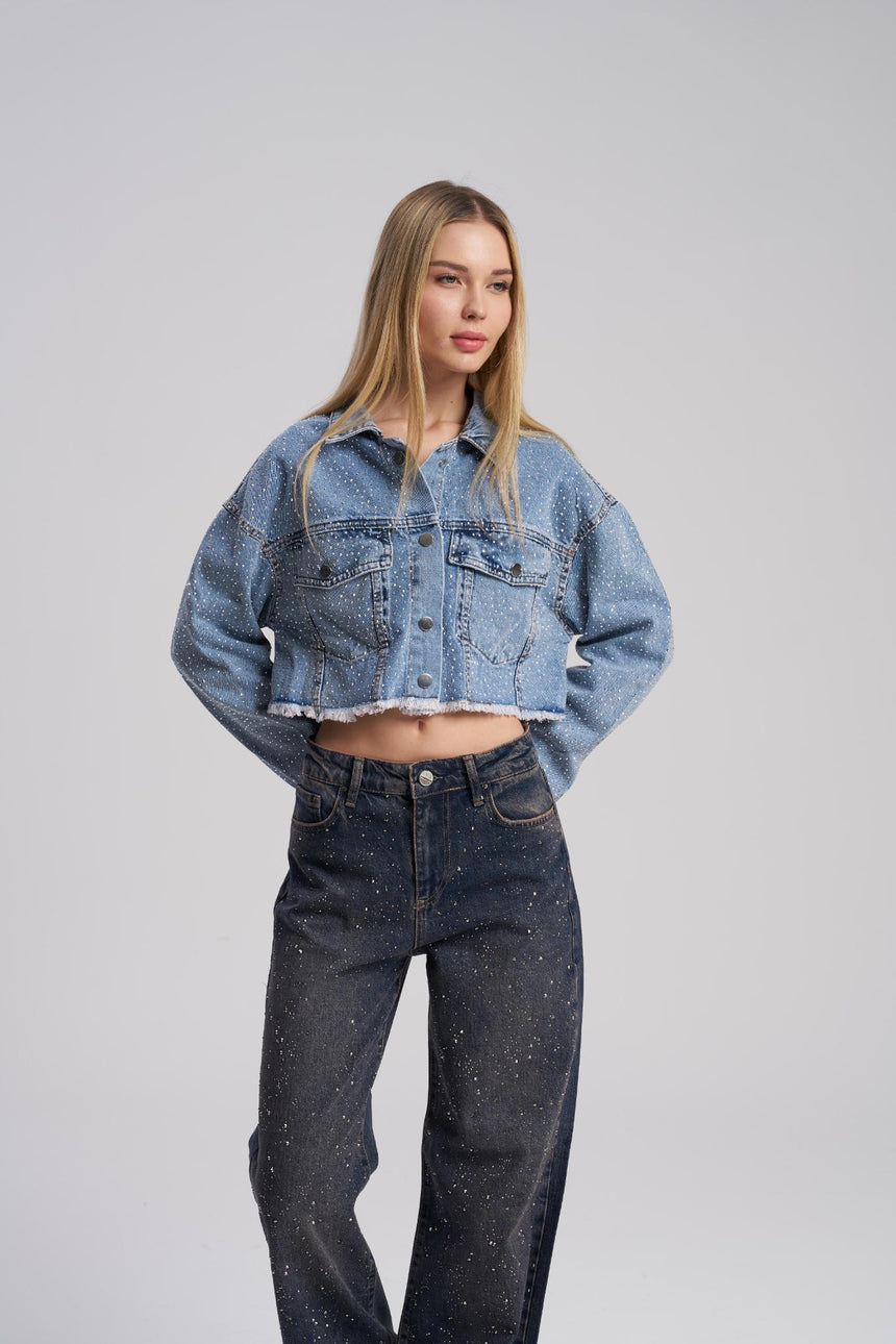 Blue rhinestone cropped oversized denim jacket for women – MTStyle
Cropped denim jacket with rhinestone detailing – front view