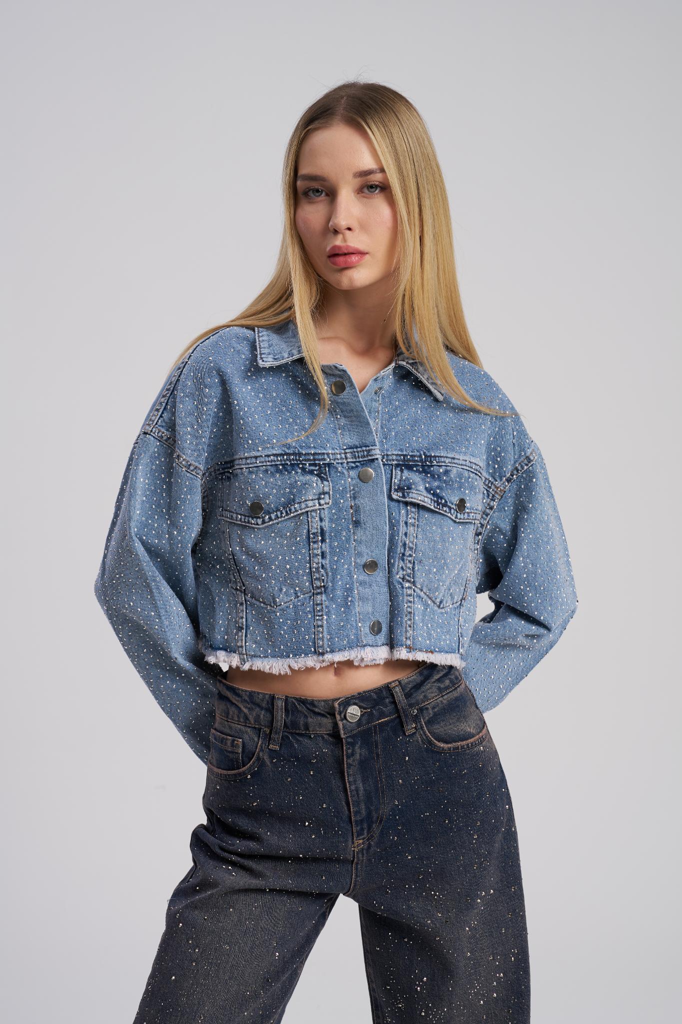 Cropped denim jacket with rhinestone detailing – front view