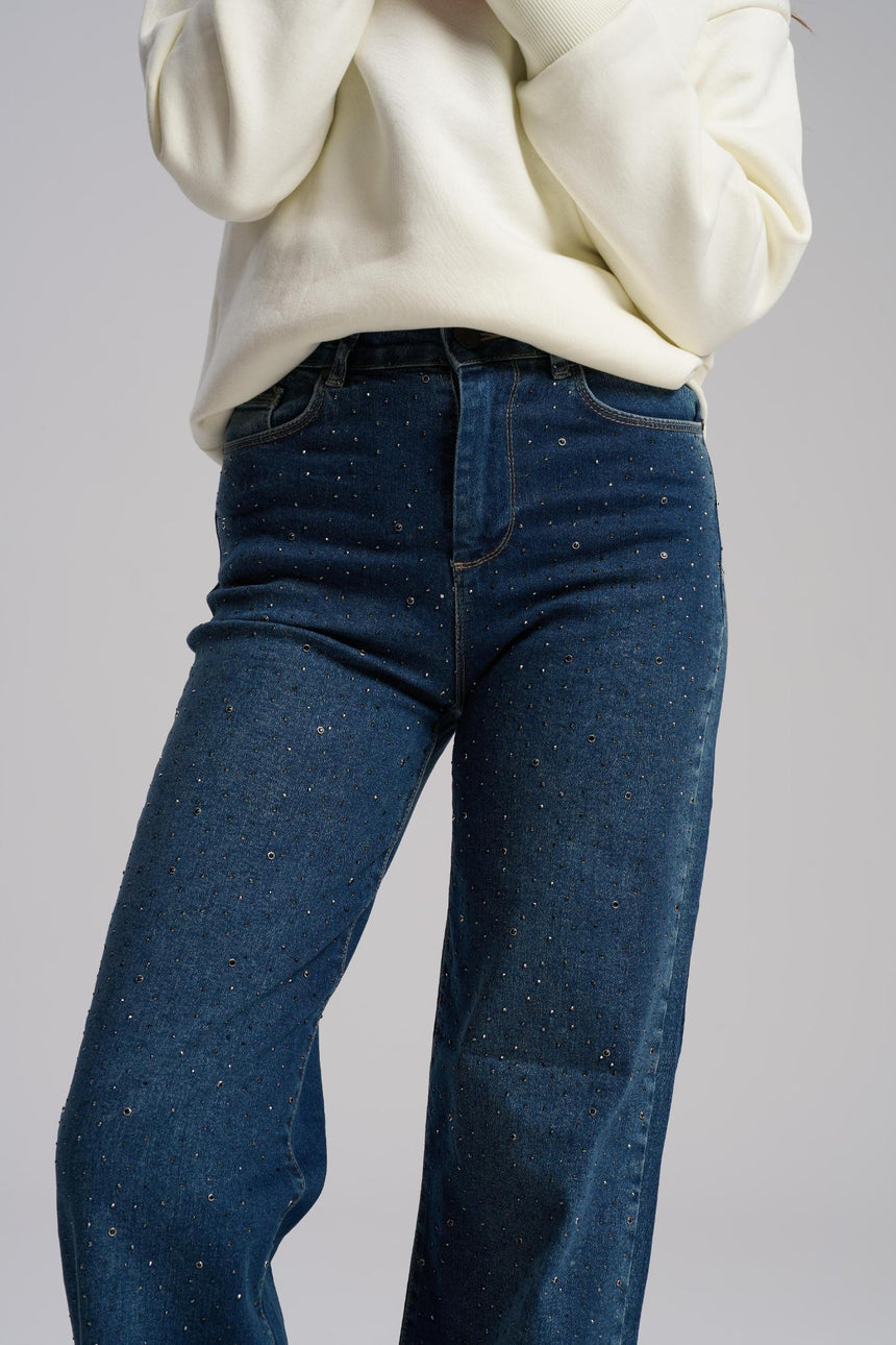 rhinestone jeans- wide leg jeans-denim
