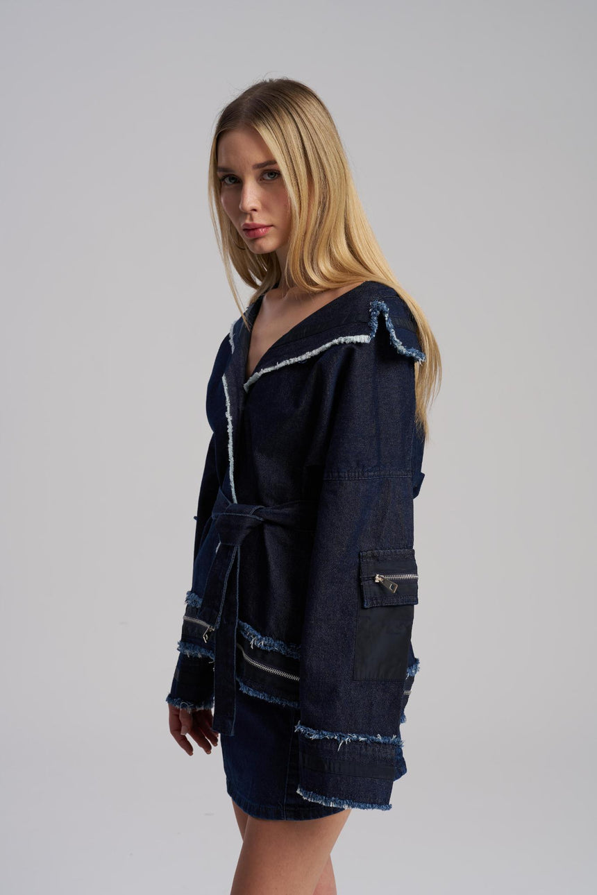 denim jacket eith belt and mini skirt