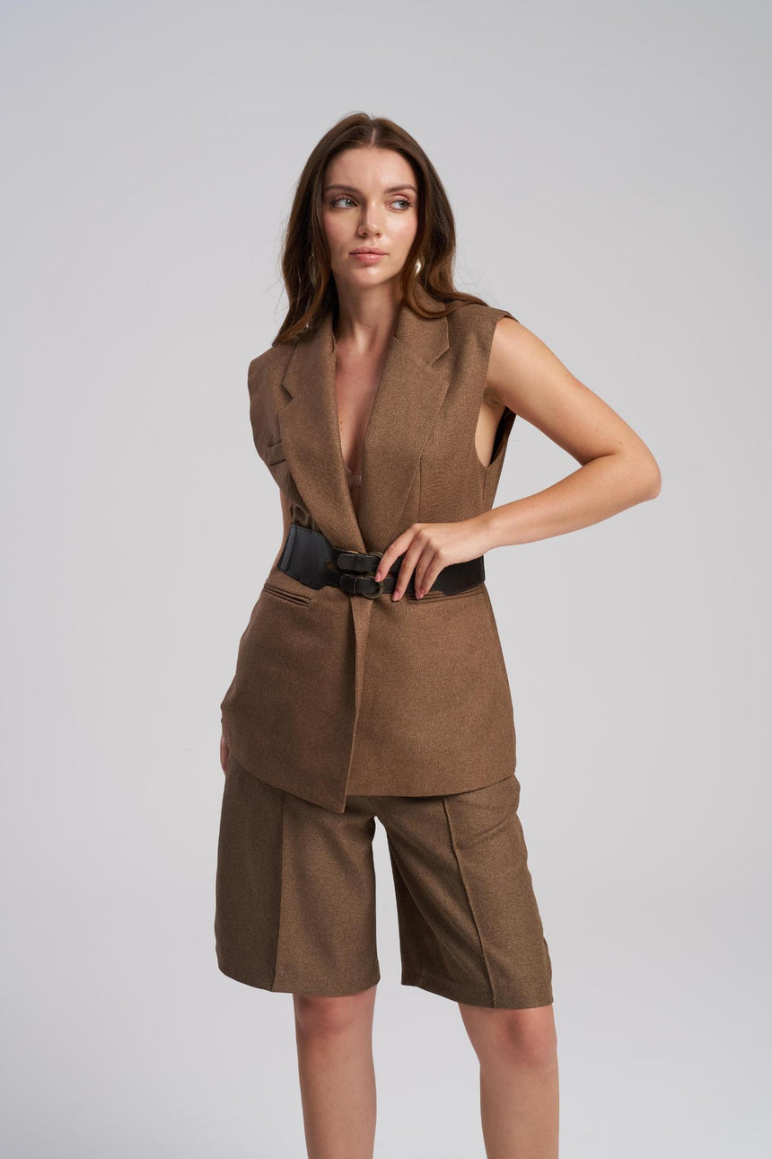 Brown belted vest and bermuda shorts two piece set