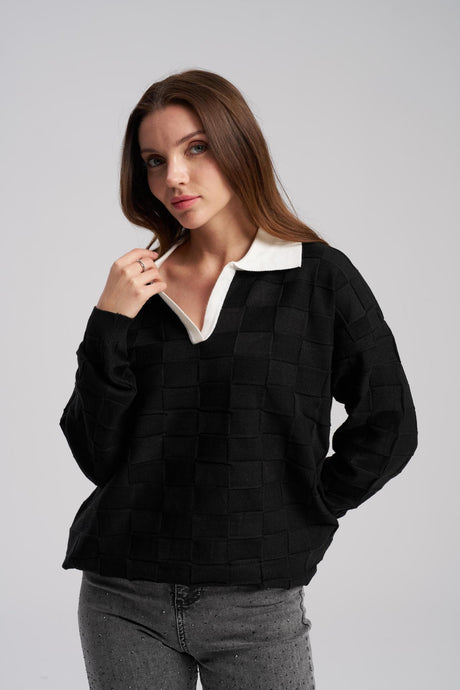 Black grid texture sweater women