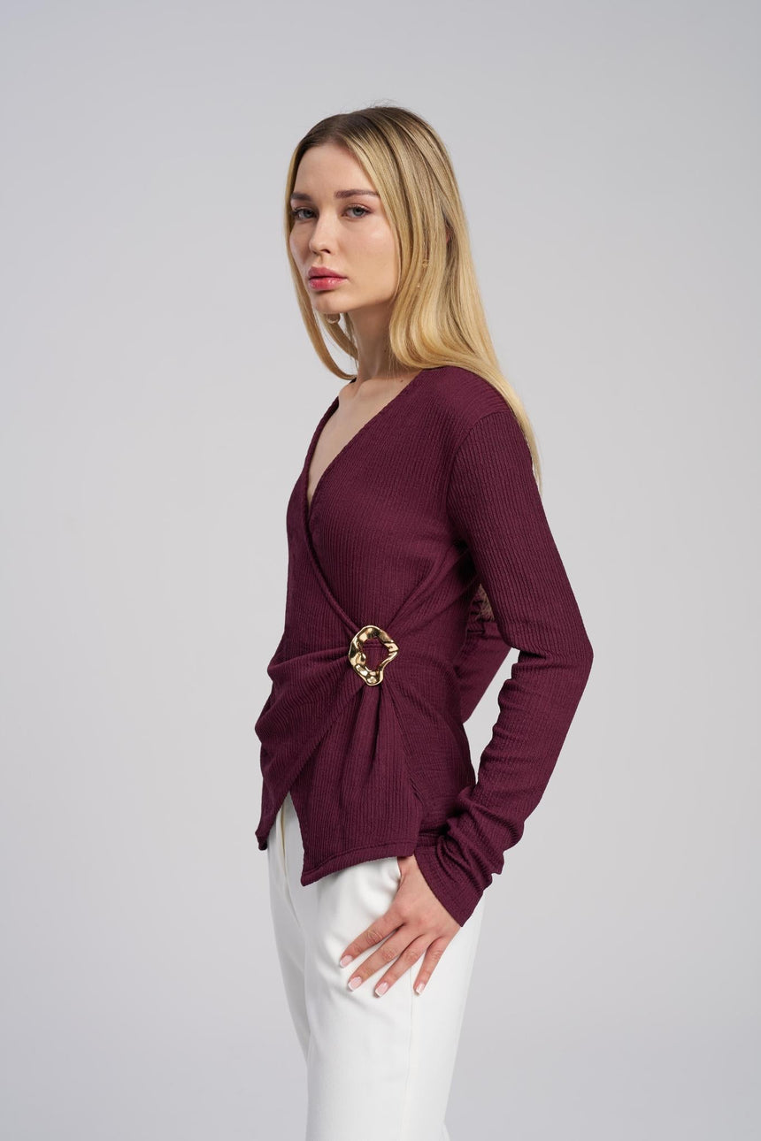 Burgundy long sleeve elegant blouse with V-neck