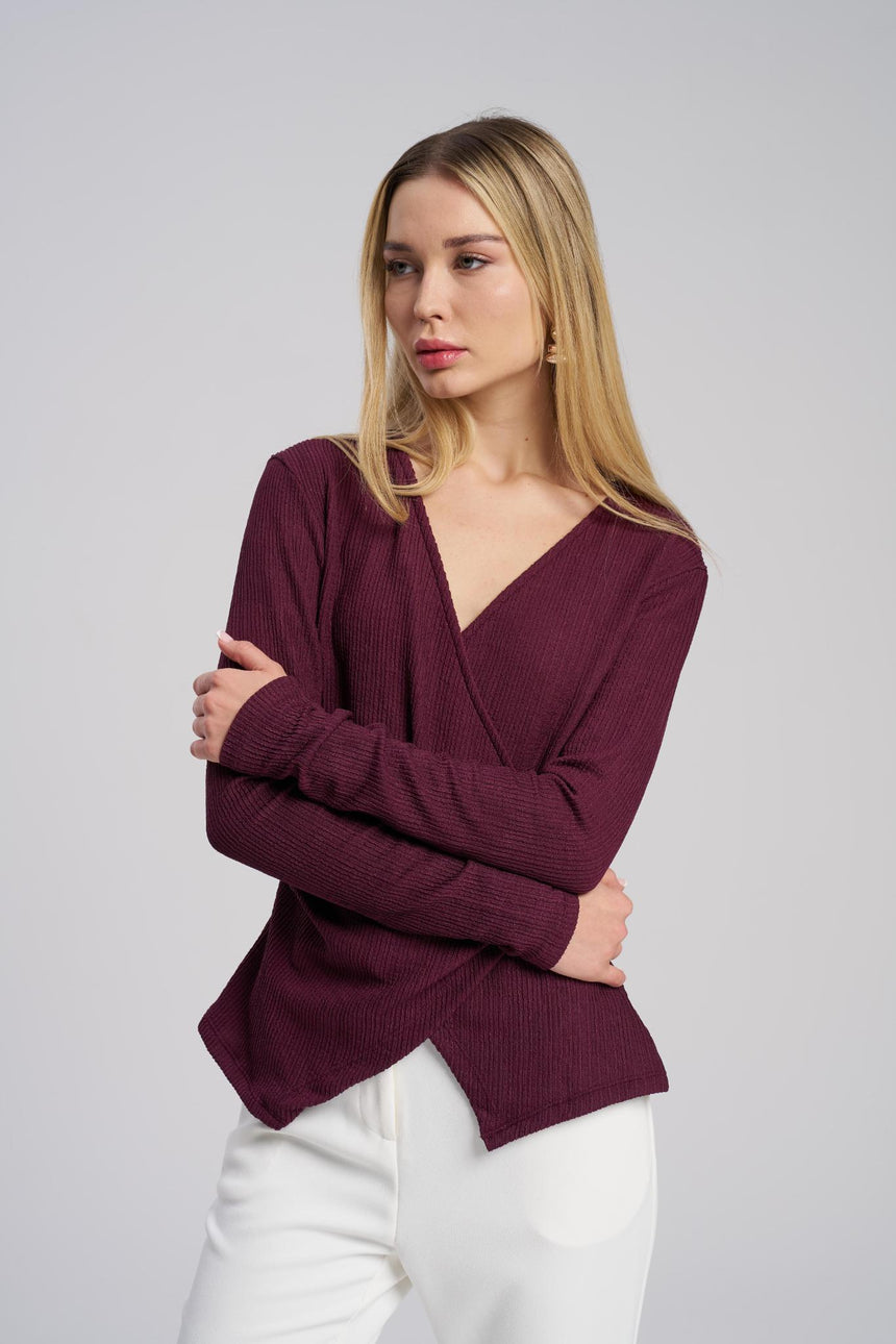 Burgundy long sleeve elegant blouse with V-neck