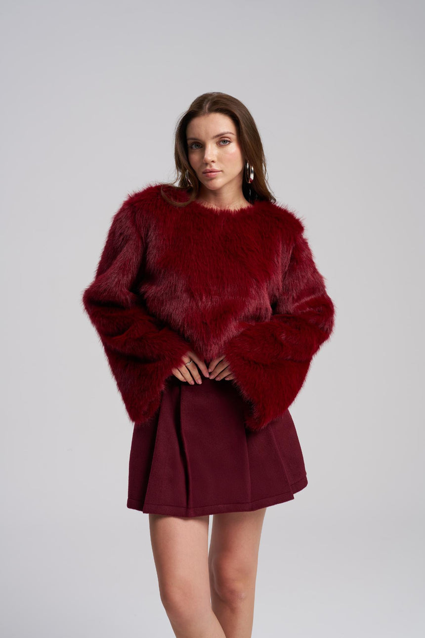 Burgundy plush faux fur top winter style