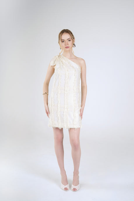 Freya Fringe Mini Dress, Cream, front view
