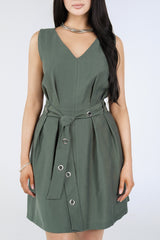 Piper Grommet Mini Dress, Sage Green, close-up belt detail