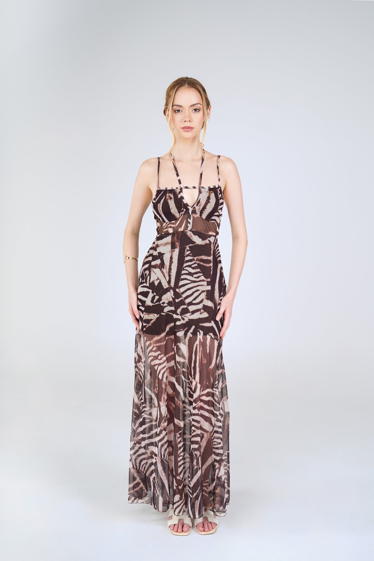 Fern Cutout Maxi Dress, Brown Zebra, front view
