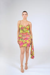 Coco Draped Mini Dress, Lime Floral, front view