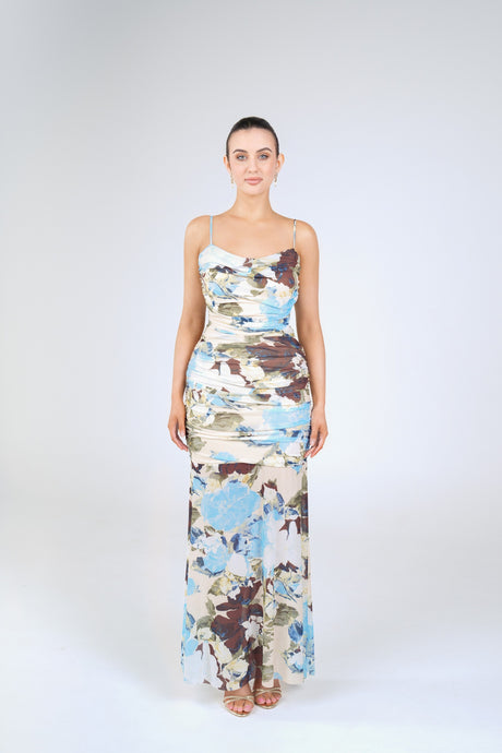 Marigold Floral Maxi Dress, Blue Floral, front view