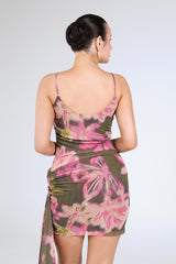 Coco Draped Mini Dress, Olive Floral, close-up back
