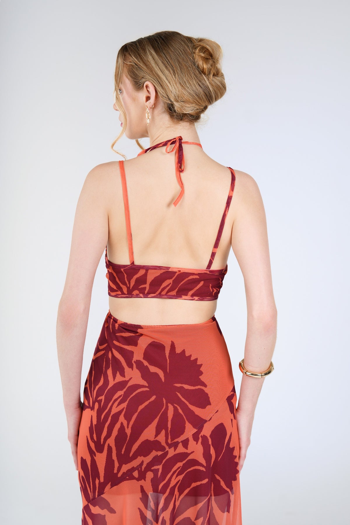 Fern Cutout Maxi Dress, Coral Burgundy, close-up back