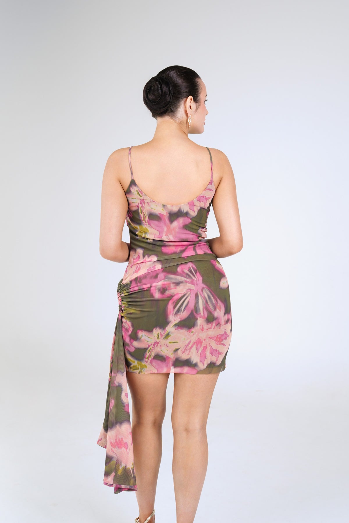 Coco Draped Mini Dress, Olive Floral, back detail