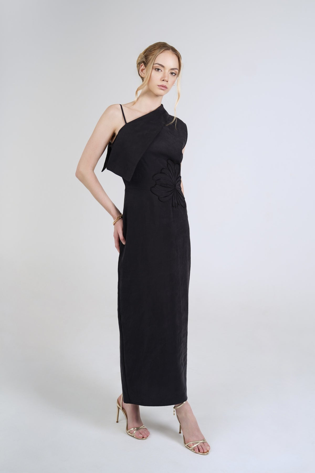 Solaris Column Dress, Black, front view
