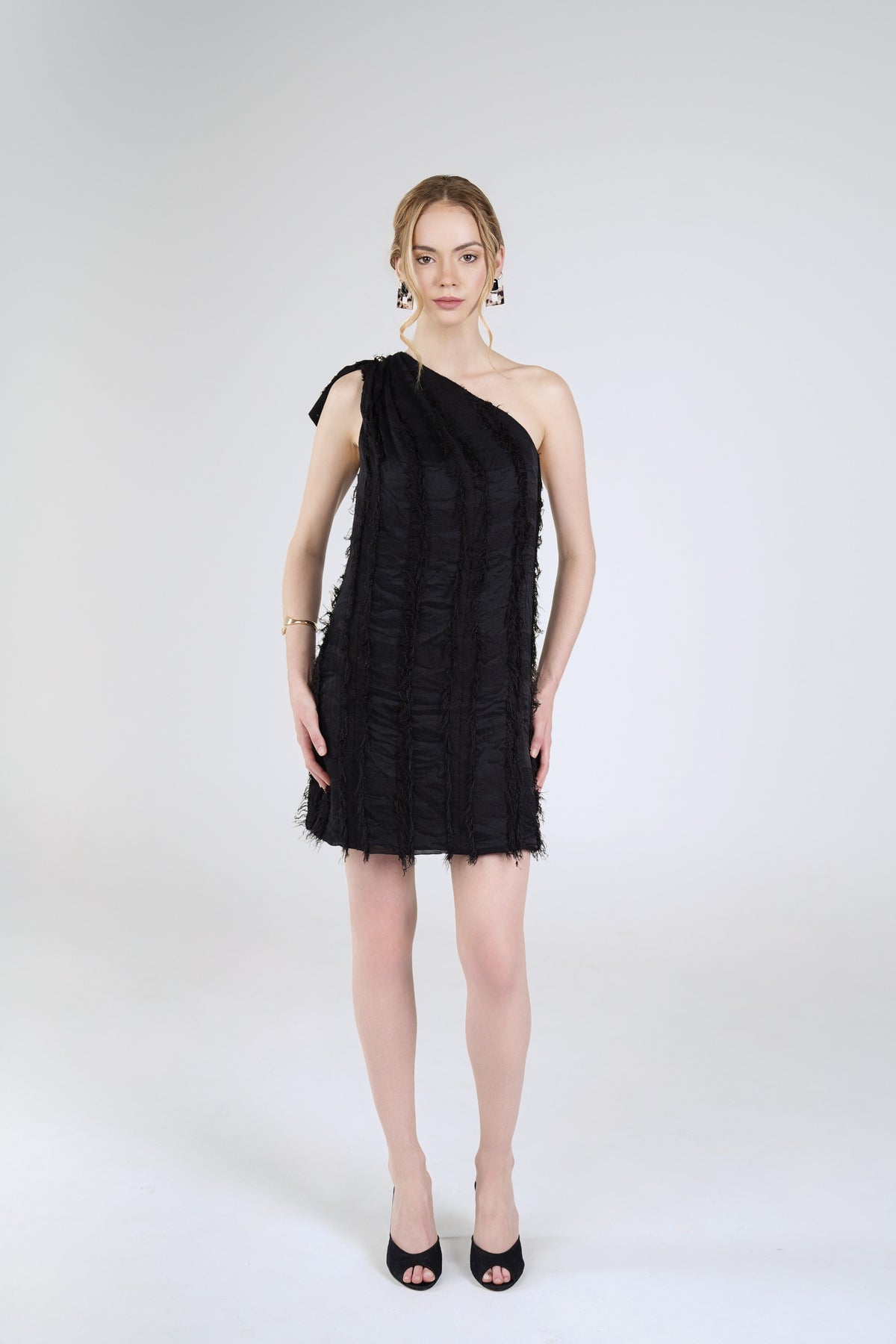 Freya Fringe Mini Dress, Black, front view