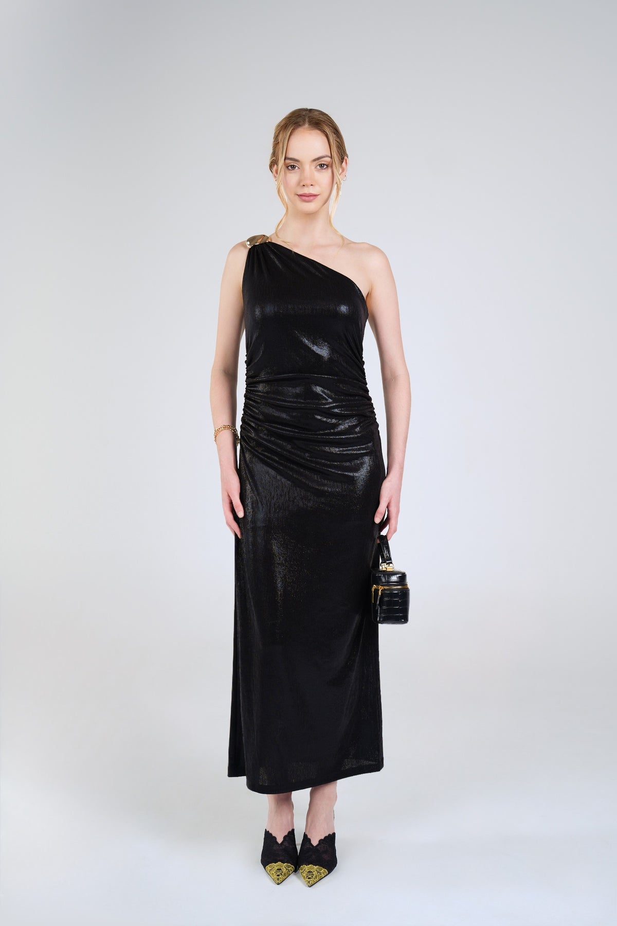 Nadia Metallic Maxi Dress, Black Metallic, front view