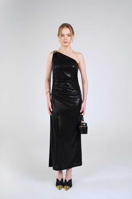 Nadia Metallic Maxi Dress, Black Metallic, front view