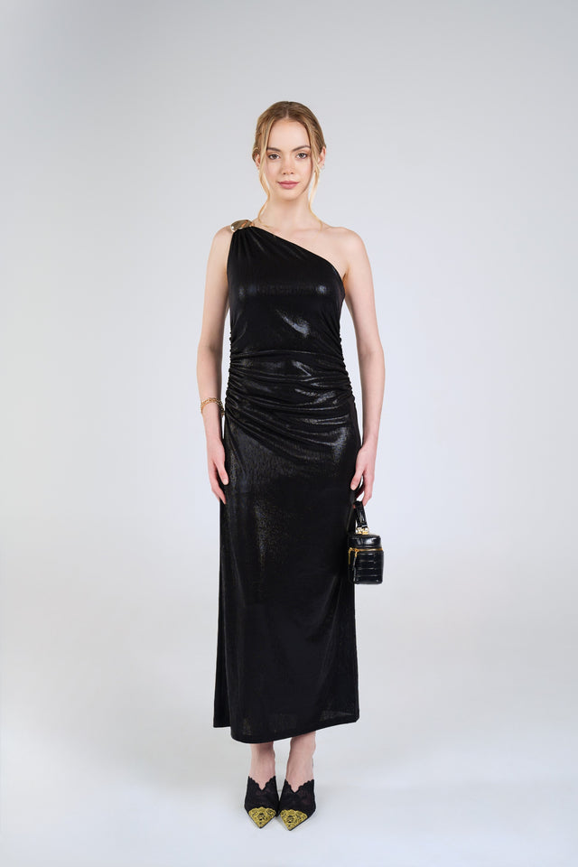 Nadia Metallic Maxi Dress, Black Metallic, front view