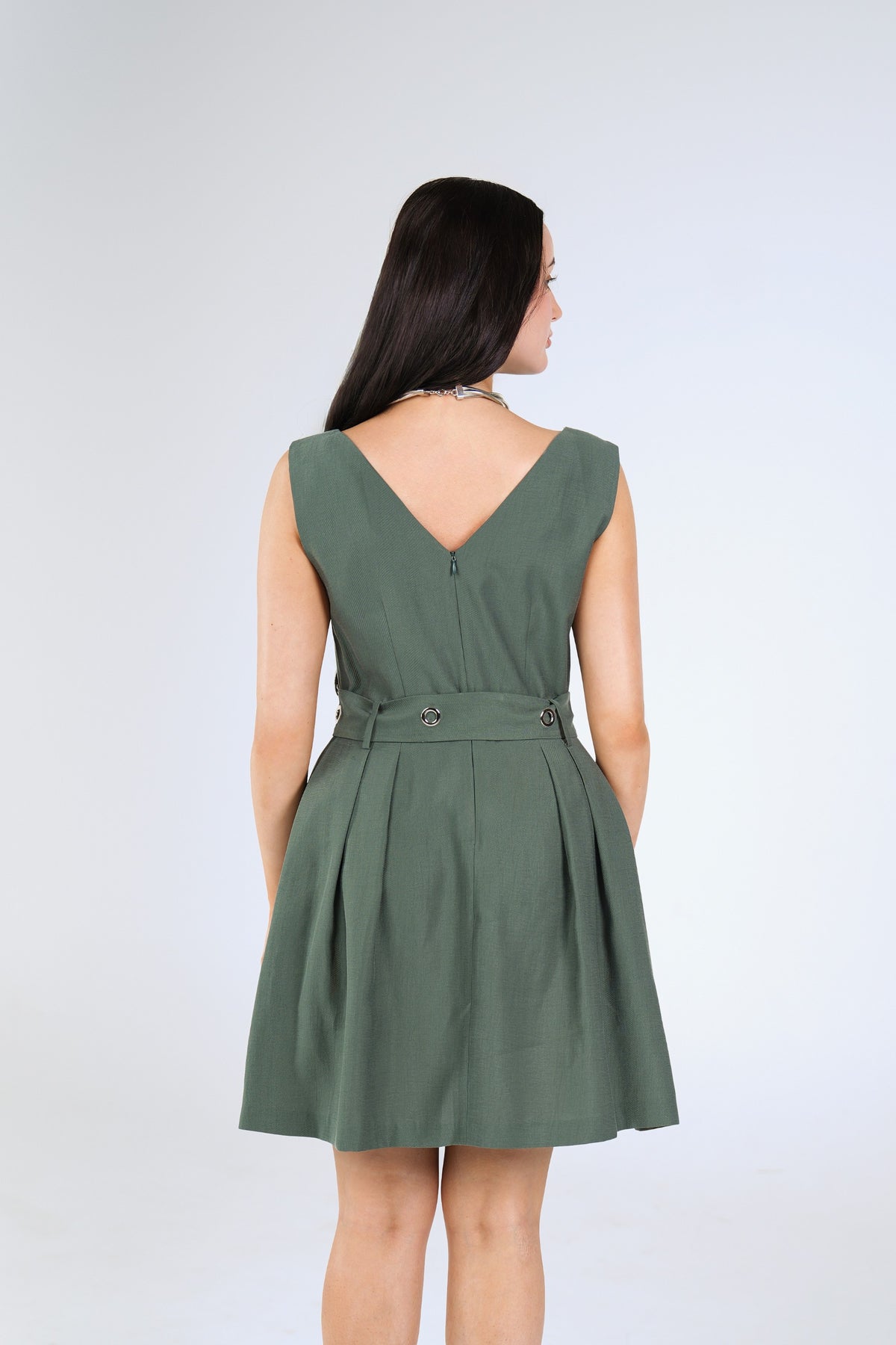 Piper Grommet Mini Dress, Sage Green, front detail