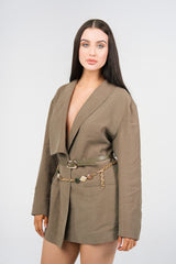 Remy Belted Blazer Dress, Olive, front detail