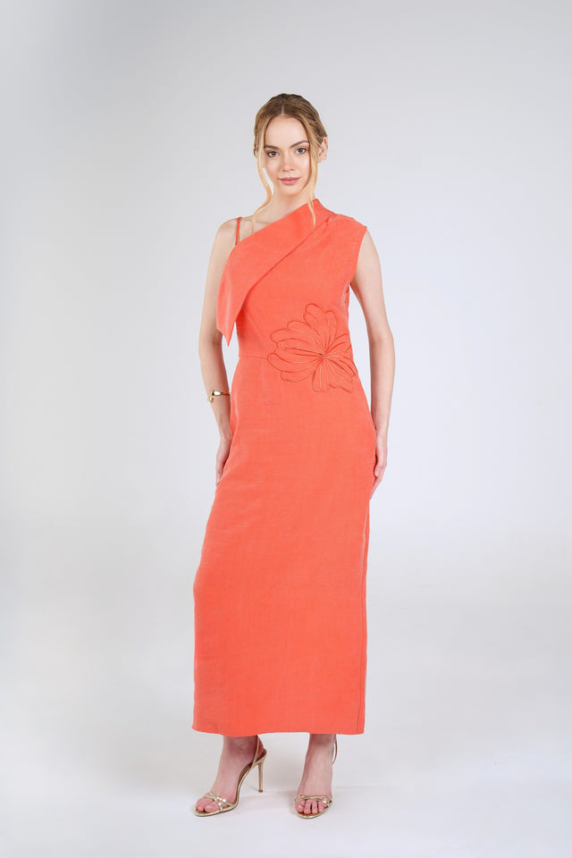 Solaris Column Dress, Coral, front view